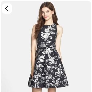 Eliza J. Black And Silver Floral Taffeta Full Skirted, Sash, Backless. Sz 6